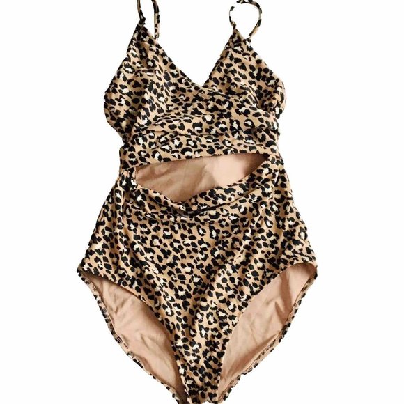 AERIE One Piece Swimsuit Bikini Brown Leopard Pattern Wrap AroundSize Small Long - Picture 8 of 8